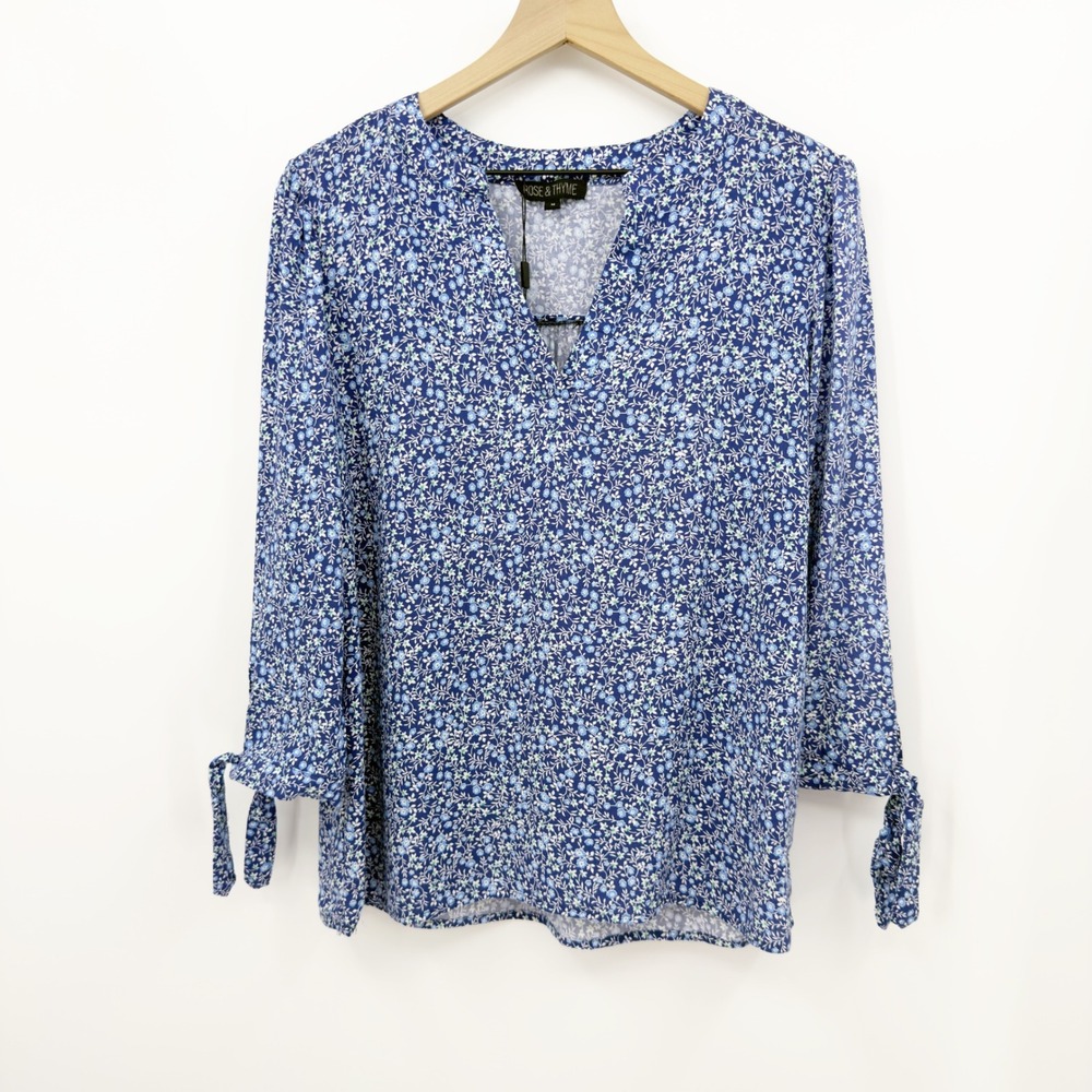 Rose & Thyme Floral Blouse Tie Sleeve V-Neck Blue M Cottagecore Boho Peasant